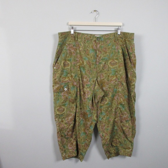 Anthropologie Cropped Cargo Pants Women 22W Green Cotton Floral Boho Baggy 488 - Picture 1 of 16